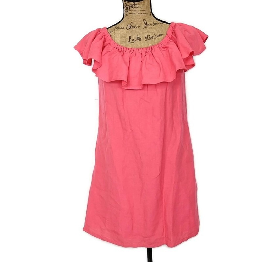Tommy Bahama Shift Dress Womens S Pink Ruffle Neck Linen Mini Coastal Boho Beach